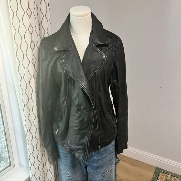 Caslon Black Leather Moto Jacket Women Large Removable Hood - Picture 2 of 16